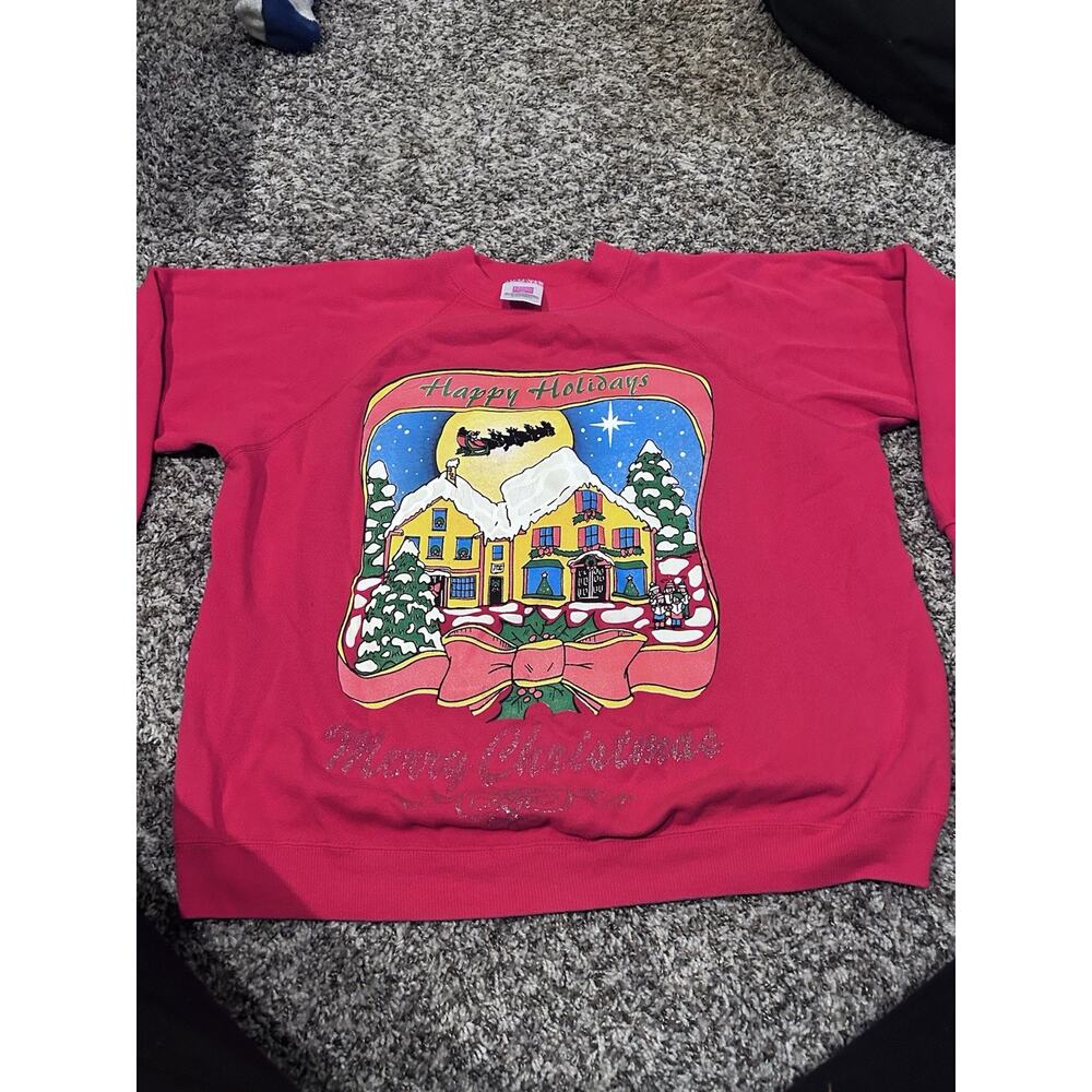 Hanes Her Way Comfort Blend Christmas Sweatshirt Size XL Red House Scene